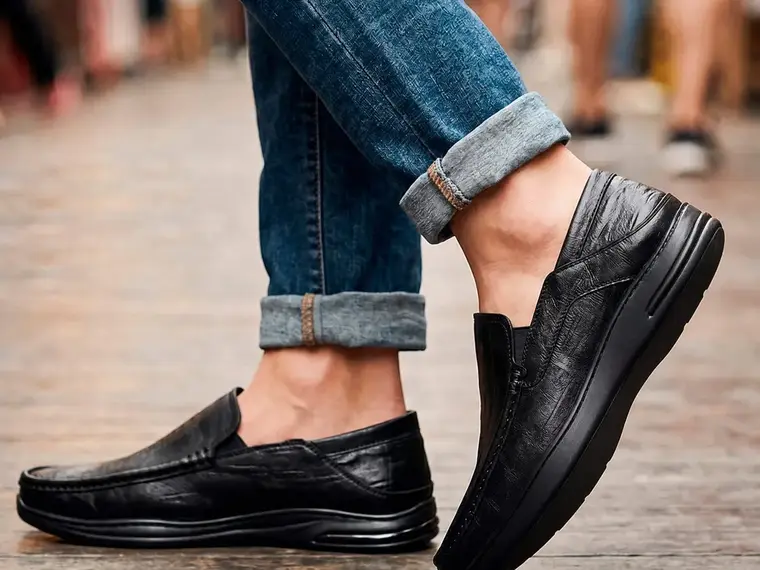 Mocassim Torino preto no pé, com jeans